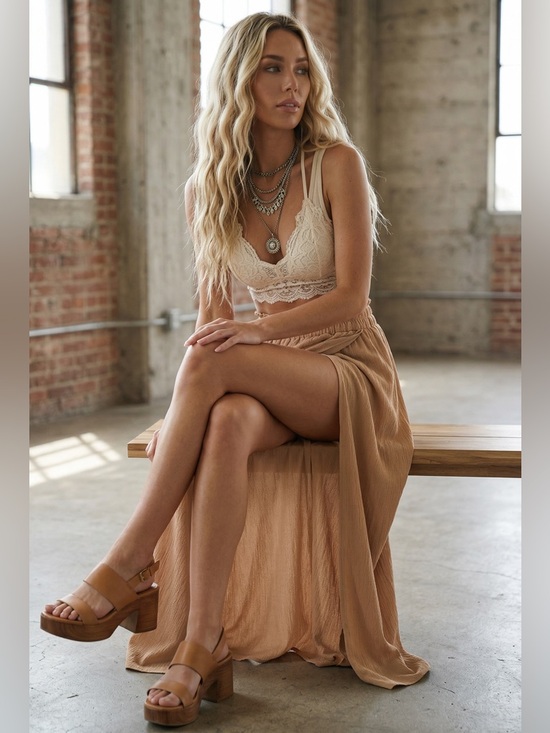 NWT High Double Slit Gauze Crinkle Maxi Skirt Camel - Picture 6 of 6